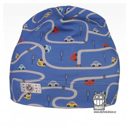 Dráče dětská bavlněná čepice Celopotištěná 02 - modrá, auta